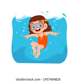 cute little kid girl swim under water on summer holiday