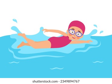 Cute little kid girl swim in swimming pool on summer holiday.