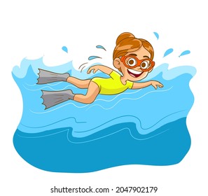 cute little kid girl swimming in the sea on summer vacation.vector illustration