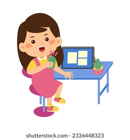 cute little kid girl use graphic tablet