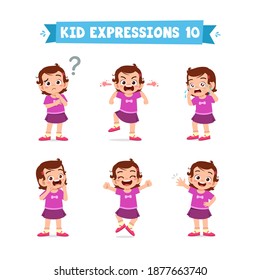 cute little kid girl in various expressions and gesture set