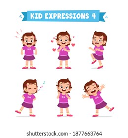 cute little kid girl in various expressions and gesture set