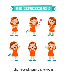 cute little kid girl in various expressions and gesture set