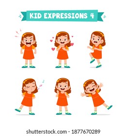 cute little kid girl in various expressions and gesture set