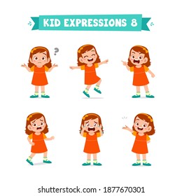 cute little kid girl in various expressions and gesture set