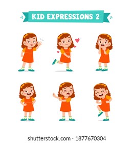 cute little kid girl in various expressions and gesture set