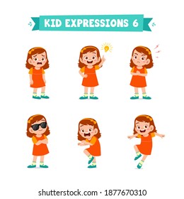 cute little kid girl in various expressions and gesture set