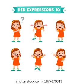 Cute Little Kid Girl In Various Expressions And Gesture Set