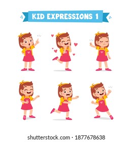 cute little kid girl in various expressions and gesture set