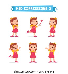 cute little kid girl in various expressions and gesture set