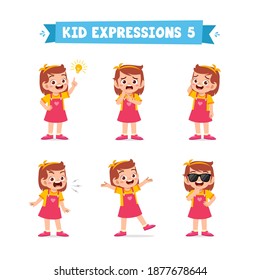 cute little kid girl in various expressions and gesture set