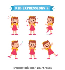 cute little kid girl in various expressions and gesture set