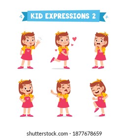Cute Little Kid Girl In Various Expressions And Gesture Set