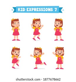 cute little kid girl in various expressions and gesture set