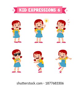 cute little kid girl in various expressions and gesture set