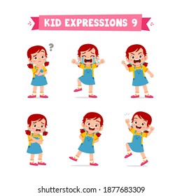 cute little kid girl in various expressions and gesture set