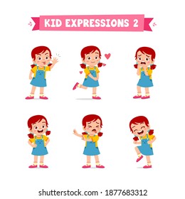 Cute Little Kid Girl In Various Expressions And Gesture Set