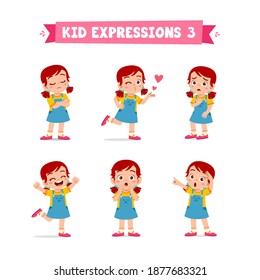 Cute Little Kid Girl In Various Expressions And Gesture Set