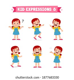 Cute Little Kid Girl In Various Expressions And Gesture Set