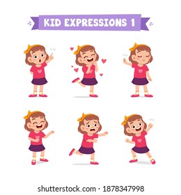 Cute Little Kid Girl In Various Expressions And Gesture Set