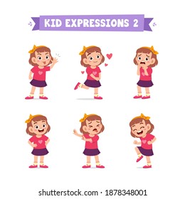 cute little kid girl in various expressions and gesture set