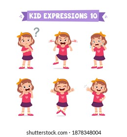 cute little kid girl in various expressions and gesture set