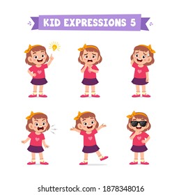 cute little kid girl in various expressions and gesture set