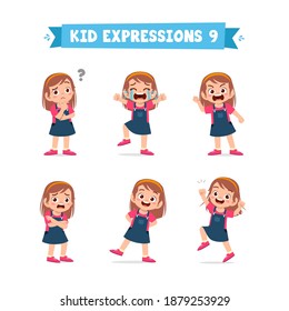 cute little kid girl in various expressions and gesture set