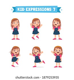 cute little kid girl in various expressions and gesture set