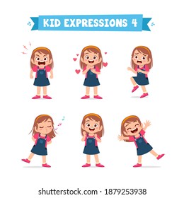 cute little kid girl in various expressions and gesture set