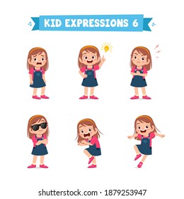 cute little kid girl in various expressions and gesture set