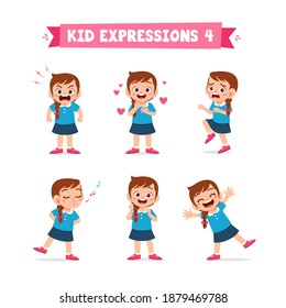 cute little kid girl in various expressions and gesture set