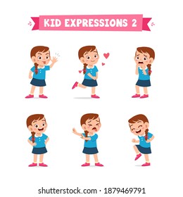 cute little kid girl in various expressions and gesture set