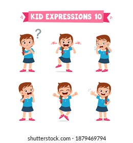 Cute Little Kid Girl In Various Expressions And Gesture Set