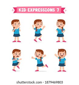 cute little kid girl in various expressions and gesture set