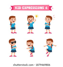 cute little kid girl in various expressions and gesture set