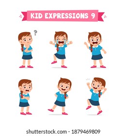 cute little kid girl in various expressions and gesture set