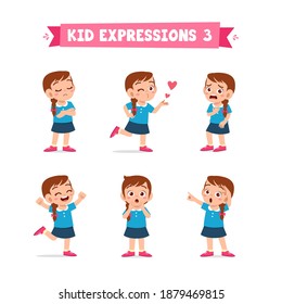 cute little kid girl in various expressions and gesture set