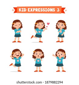 cute little kid girl in various expressions and gesture set