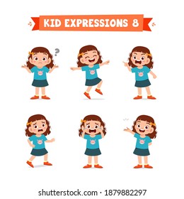 cute little kid girl in various expressions and gesture set