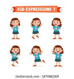 cute little kid girl in various expressions and gesture set