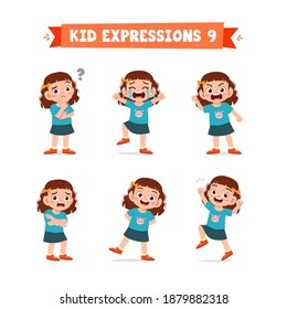 cute little kid girl in various expressions and gesture set