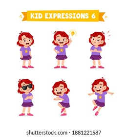 cute little kid girl in various expressions and gesture set