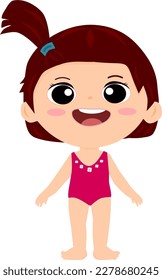 Cute Little Kid girl wear pink flowers pattern swimming suit. Laugh smile face kid. Vector illustration.