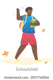 Cute little kid in glasses is gong to school on white background. Concept of various students and little pupils going back to school in autumn. Flat cartoon vector illustration