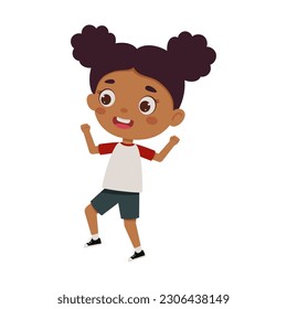 Cute little kid happy girl jump. Cartoon schoolgirl character show facial expression. Vector illustration.