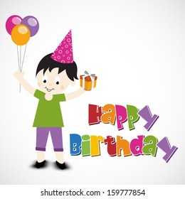 Cute little kid holding balloons and gift box with colorful happy birthday text on grey background. 