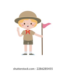 Cute little kid holding flag, boy scout or girl scout honor uniform, kids summer camp, Happy children cartoon flat character isolated vector illustration on white background
