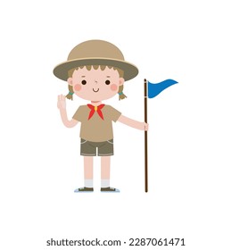 Pequeño niño lindo con bandera, boy scout o girl scout uniforme de honor, campamento de verano para niños, dibujos animados de niños felices personaje plano aislado de vector ilustración de fondo blanco