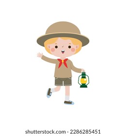 Cute little kid holding lamp, boy scout or girl scout honor uniform, kids summer camp, Happy children cartoon flat character isolated vector illustration on white background